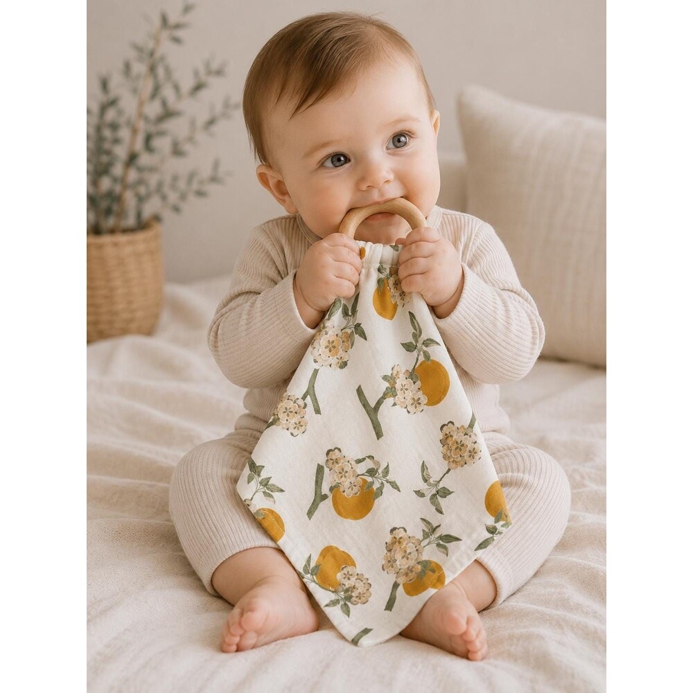Organic Lovey With Wooden Ring | Natural Teething Blanket | Modern Peaches Baby